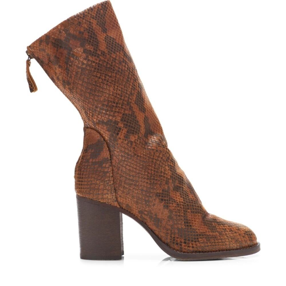 Free People Elle Block Heel Boot Snakeskin Brown Back Zip Slouchy Mid Calf 38